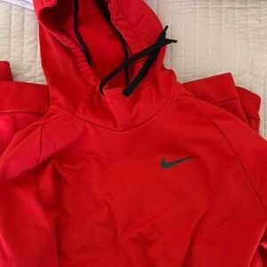 Nike Red Pullover Hoodie with Black Swoosh & Drawstrings